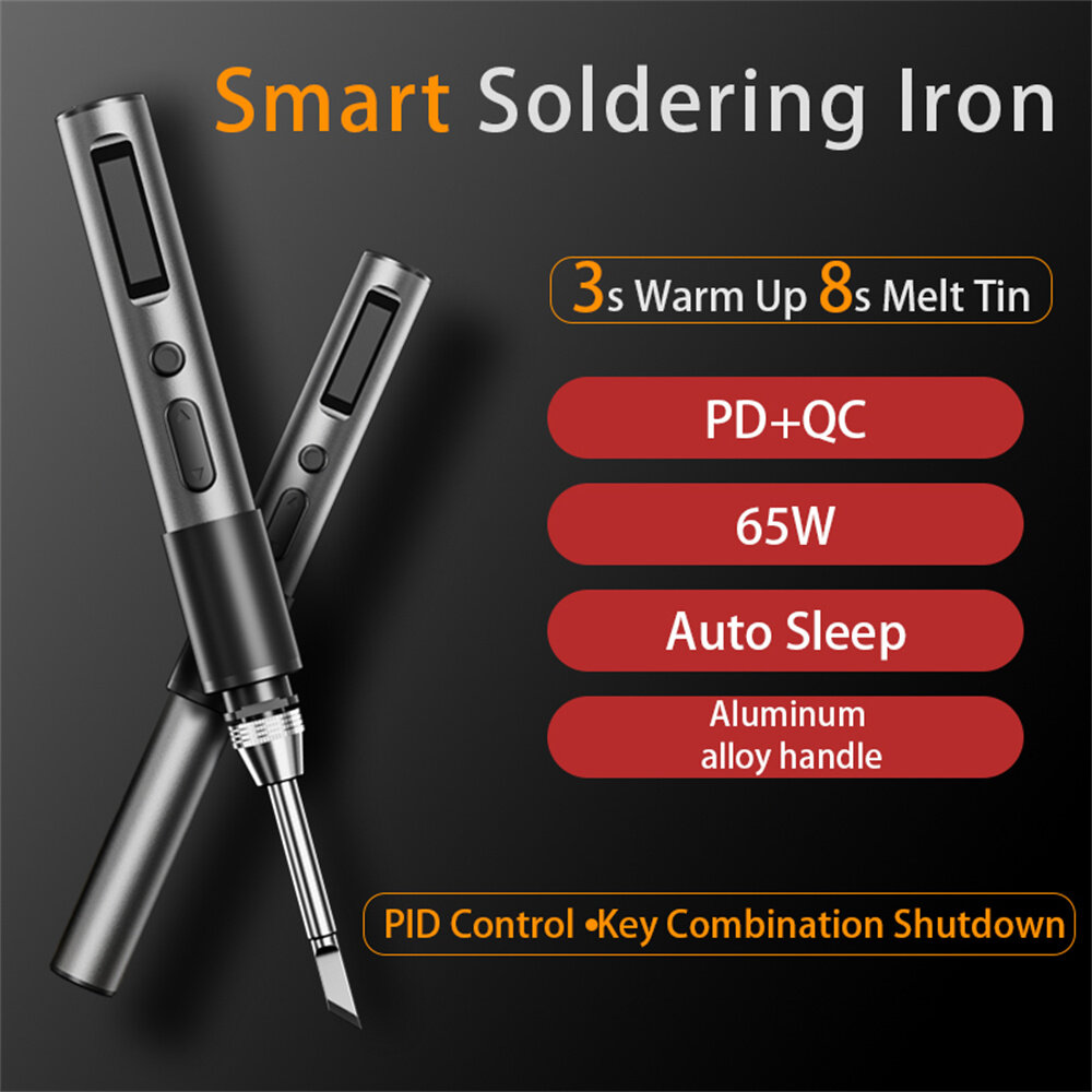 T65 Smart Soldering Iron with 1PCS Iron Heating Cores Fast Heating 65W Adjustable Temperature 150~450℃ Auto Sleep PD+QC Fast Cha