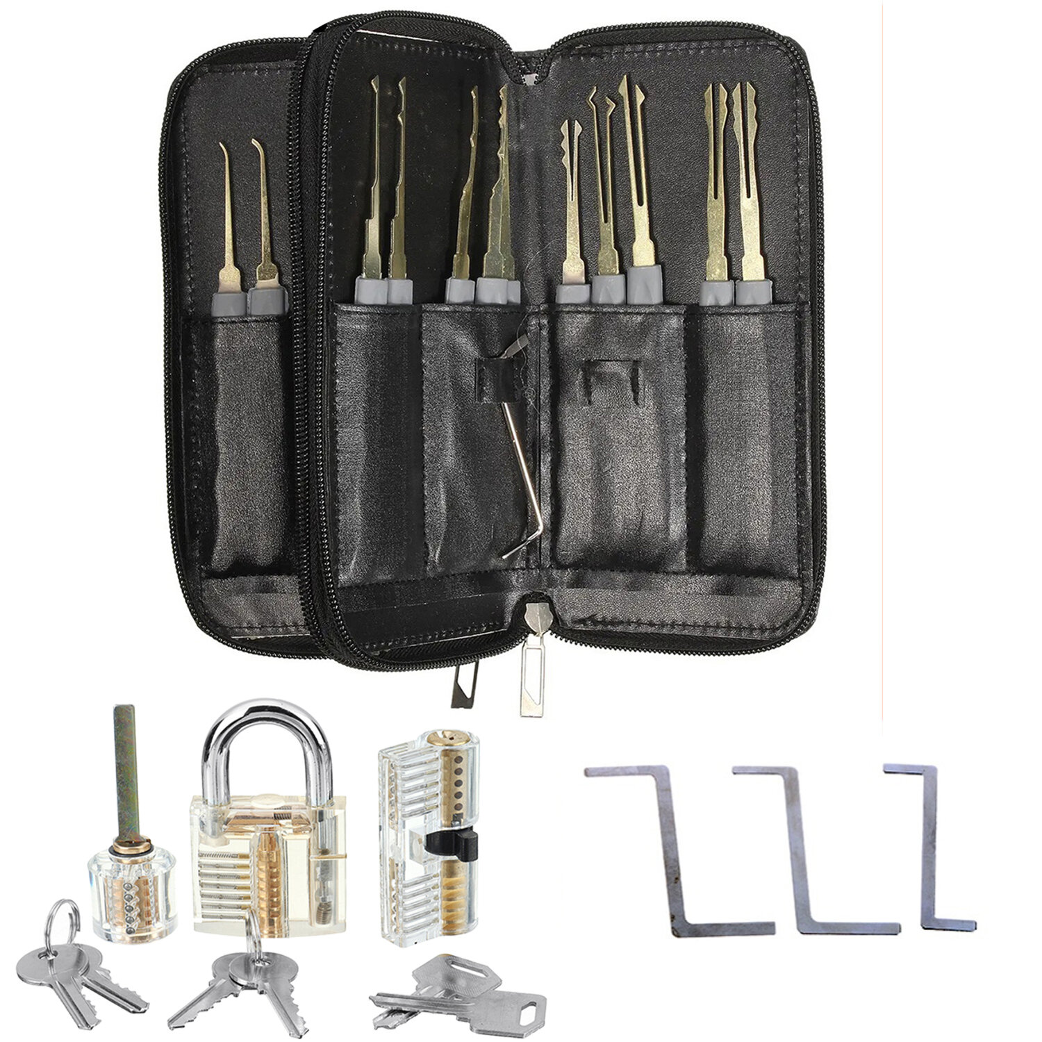 26PCS Locksmith Training Set Spring Steel with 3 Transparent Padlocks For Easy Visual Learning Portable Design Includes Automati