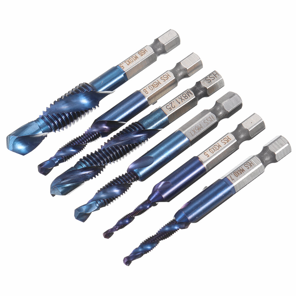 Drillpro 6pcs M3-M10 Combination Drill Tap Bit Set HSS 6542 Blue Nano Coated Deburr Countersink Drill Bits