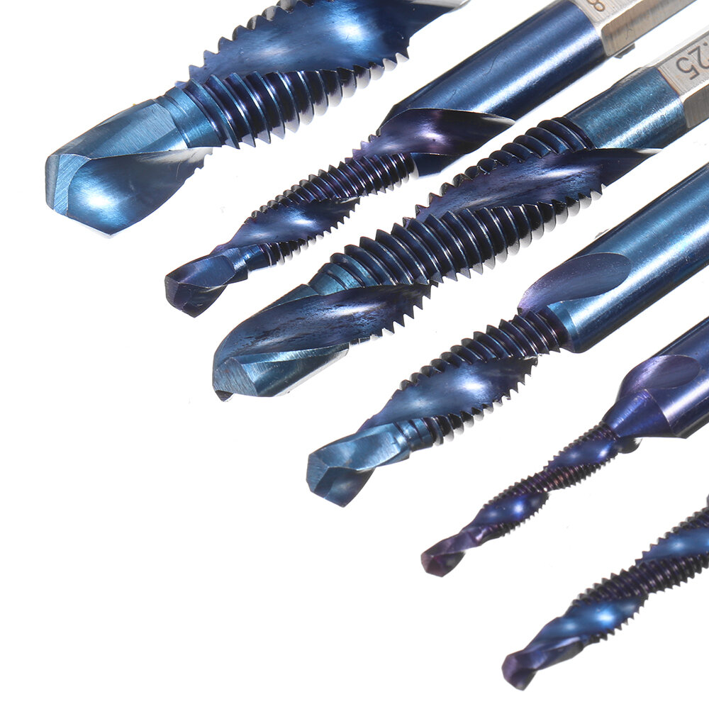 Drillpro 6pcs M3-M10 Combination Drill Tap Bit Set HSS 6542 Blue Nano Coated Deburr Countersink Drill Bits