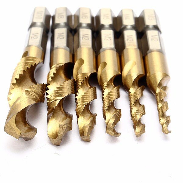 Drillpro 6pcs HSS 6542 M3-M10 Combination Drill Titanium Coated Tap Bit Set 1/4 Inch Hexagon Metric Deburr Countersink Bits Scre