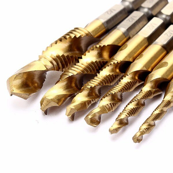 Drillpro 6pcs HSS 6542 M3-M10 Combination Drill Titanium Coated Tap Bit Set 1/4 Inch Hexagon Metric Deburr Countersink Bits Scre