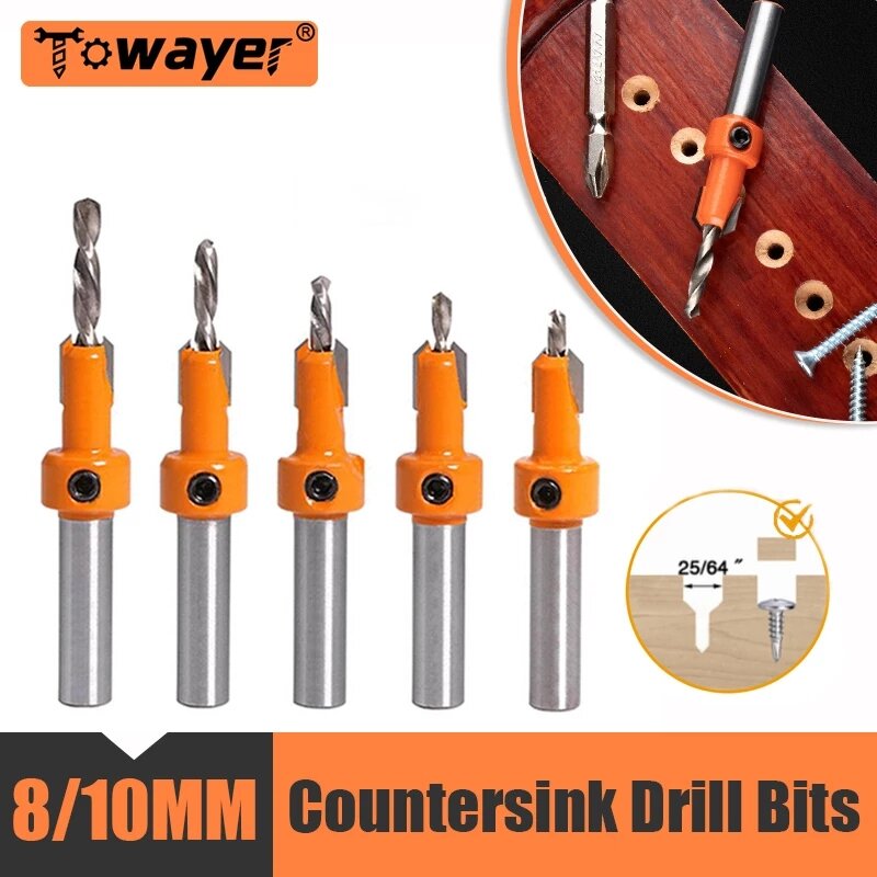 7PCS 8/10mm Shank HSS Woodworking Step Drill Countersink Router Bit Set Screw Extractor Remon Demolition for Wood Milling Cutter