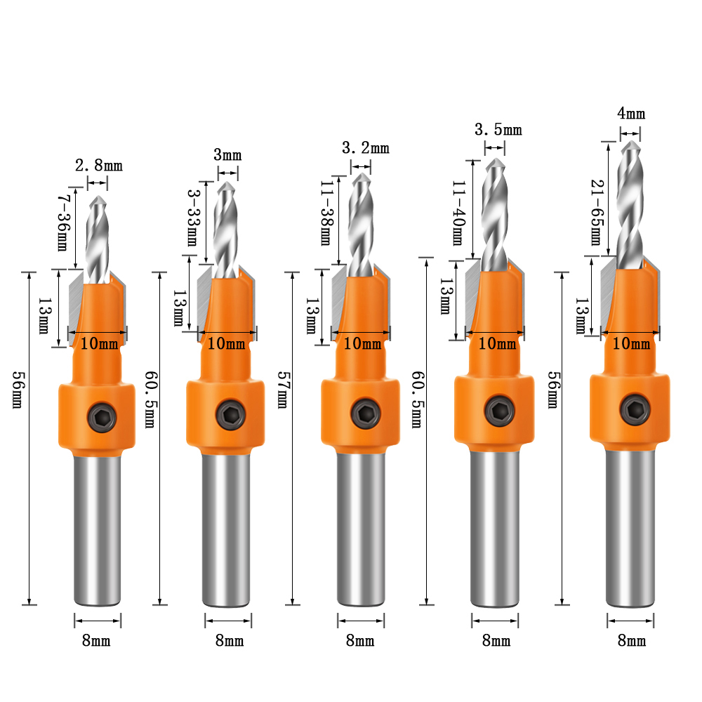 7PCS 8/10mm Shank HSS Woodworking Step Drill Countersink Router Bit Set Screw Extractor Remon Demolition for Wood Milling Cutter