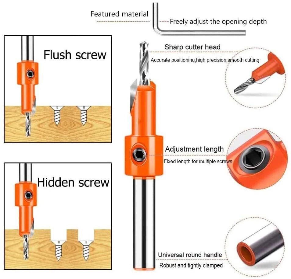 7PCS 8/10mm Shank HSS Woodworking Step Drill Countersink Router Bit Set Screw Extractor Remon Demolition for Wood Milling Cutter