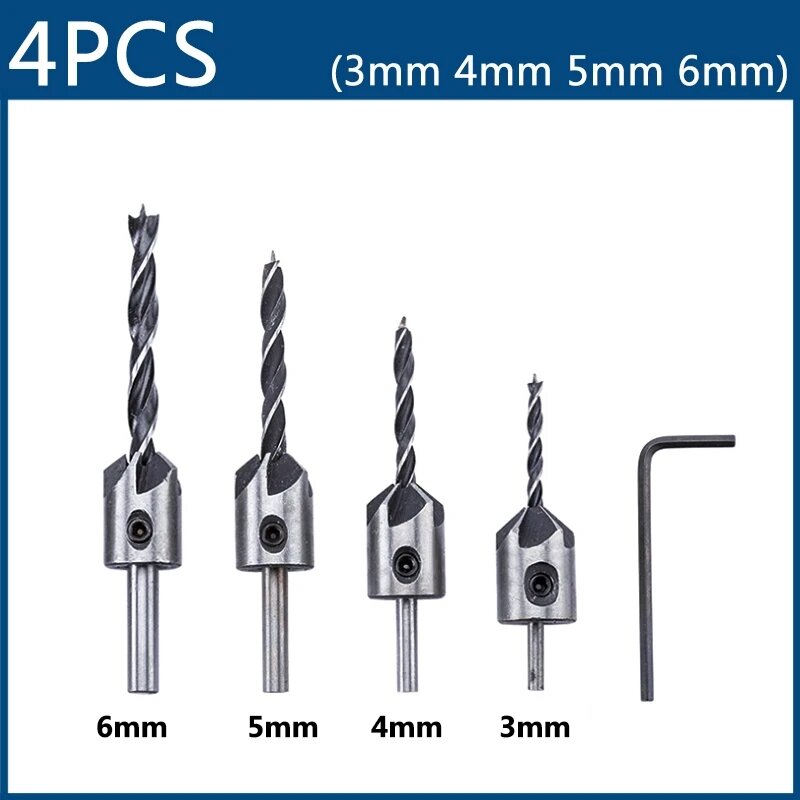 4pcs 3mm-6mm HSS Countersink Drill Bit Set Reamer Woodworking Chamfer Drill Counterbore Pliot Hole Cutter Screw Hole Drill