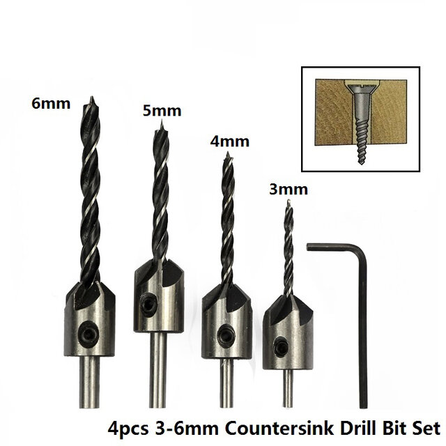 4pcs 3mm-6mm HSS Countersink Drill Bit Set Reamer Woodworking Chamfer Drill Counterbore Pliot Hole Cutter Screw Hole Drill