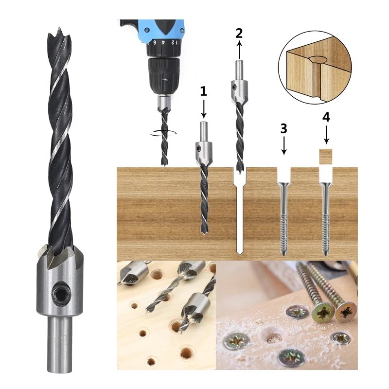 4pcs 3mm-6mm HSS Countersink Drill Bit Set Reamer Woodworking Chamfer Drill Counterbore Pliot Hole Cutter Screw Hole Drill