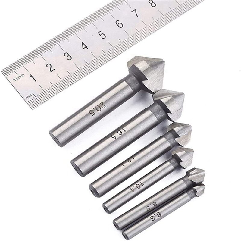 7-Piece Countersunk Drill Set, Chamfering Knife Din335 Standard C-Type Straight Shank Three Teeth, 6 Diameters 6.3 / 8.3 / 10.4