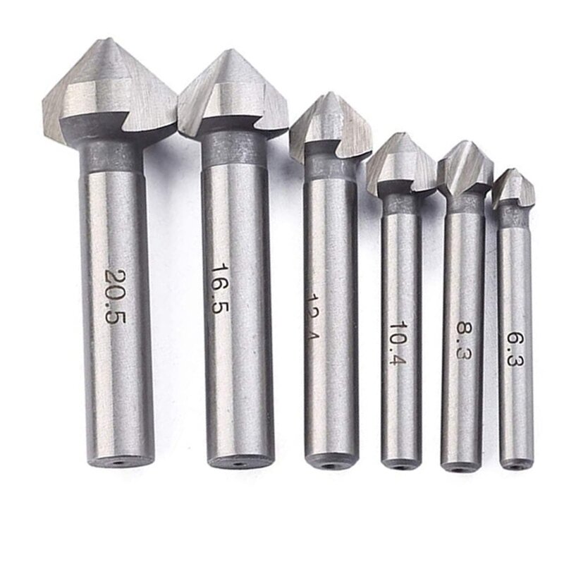 7-Piece Countersunk Drill Set, Chamfering Knife Din335 Standard C-Type Straight Shank Three Teeth, 6 Diameters 6.3 / 8.3 / 10.4