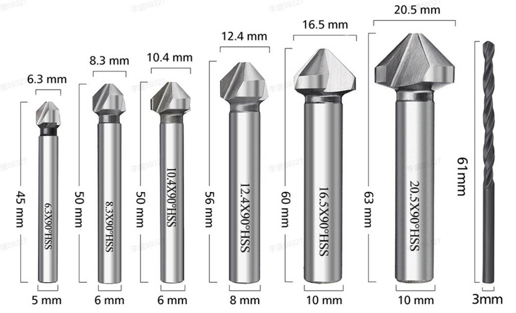 7-Piece Countersunk Drill Set, Chamfering Knife Din335 Standard C-Type Straight Shank Three Teeth, 6 Diameters 6.3 / 8.3 / 10.4