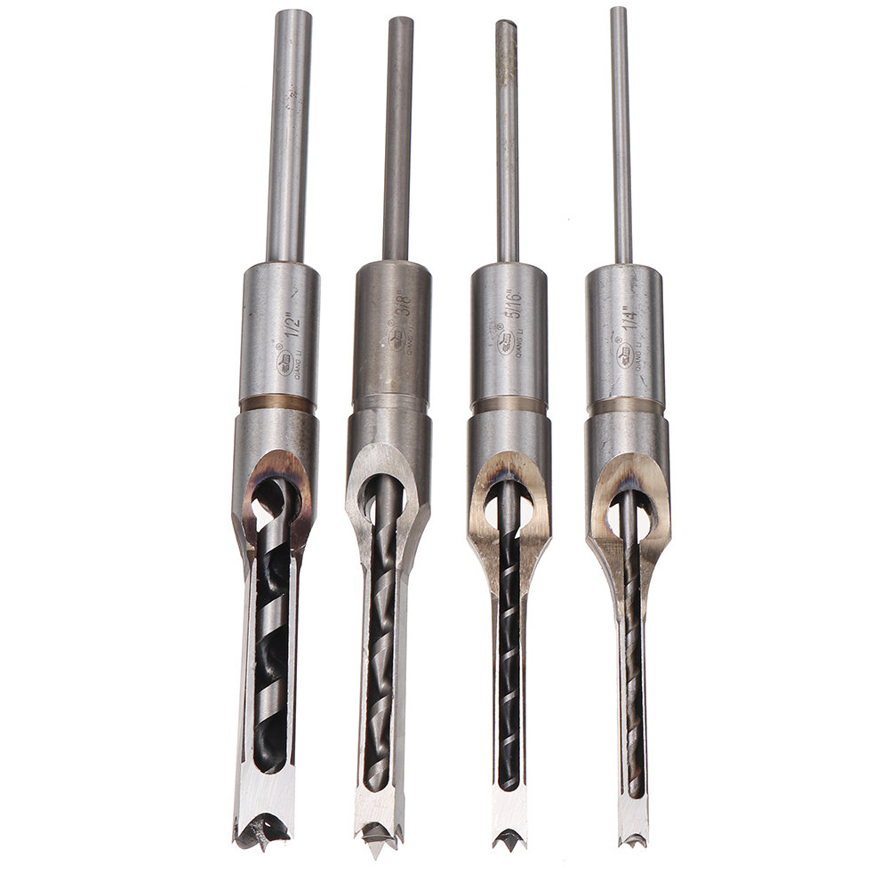 Drillpro 4pcs Square Hole Drill Bits Woodworking Auger Mortising Chisel Set Kit 1/4 to 1/2 Inch Tool Set