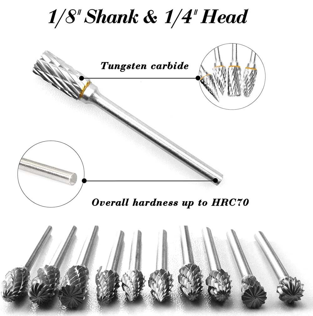 New 10 pcs 1/8" Shank Tungsten Carbide Milling Cutter Rotary Tool Burr Double Diamond Cutting Rotary Dremel Tools Electric