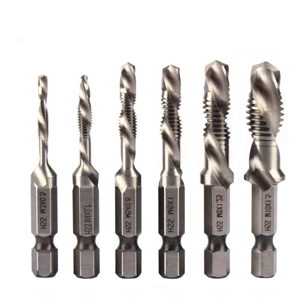 6Pcs 1/4 Inch M3-M10 Screw Tap HSS Combination Drill Tap Bit Set Hex Shank Deburr Countersink Bits