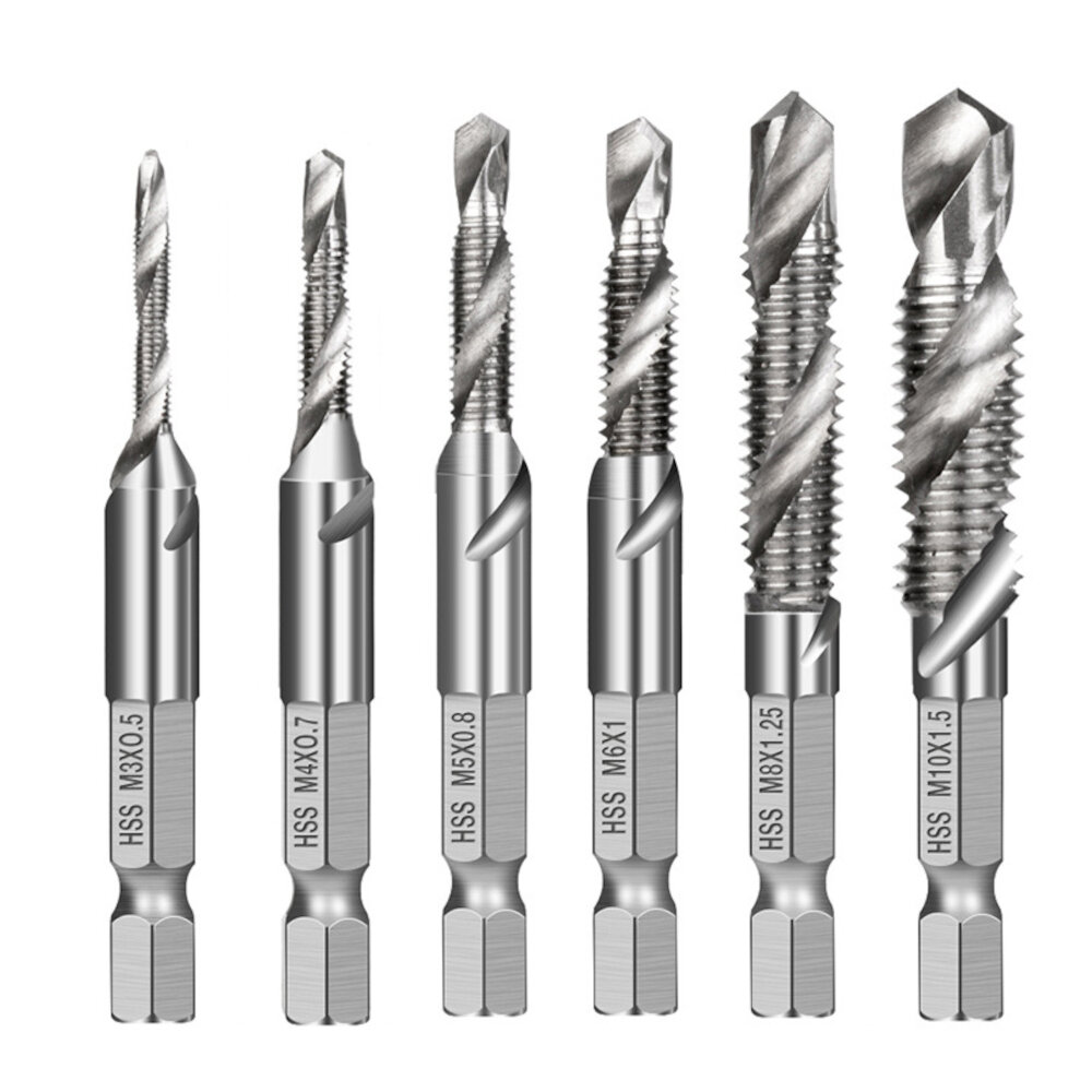 6Pcs 1/4 Inch M3-M10 Screw Tap HSS Combination Drill Tap Bit Set Hex Shank Deburr Countersink Bits