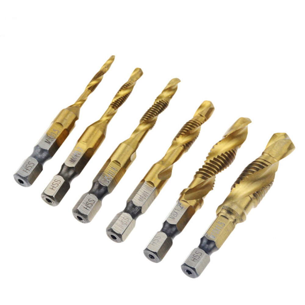 6Pcs 1/4 Inch M3-M10 Screw Tap HSS Combination Drill Tap Bit Set Hex Shank Deburr Countersink Bits