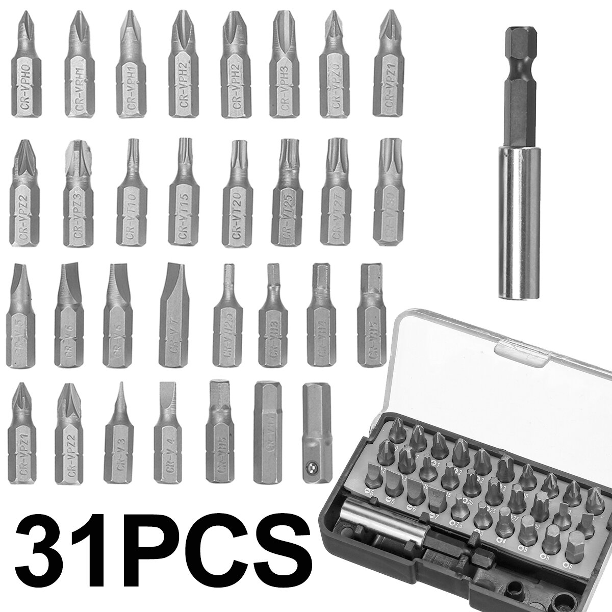 31PCS Drill Bits Set with PH PZ SL H T Sizes and 60mm Extension Rod in Durable Plastic Case Versatile Heavy-Duty and Ideal for A