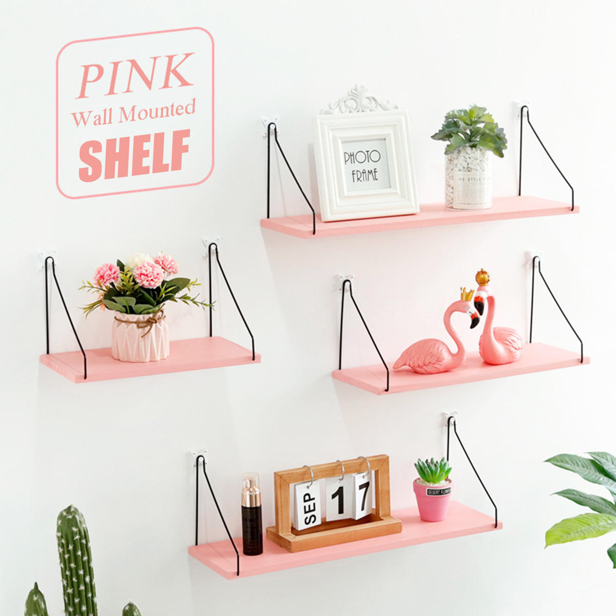 1PC Length 30CM/40CM/50CM Pink Wall Mounted Industrial Retro Assemble Wood Shelf Organization For Indoor Decorations Shelf Brack