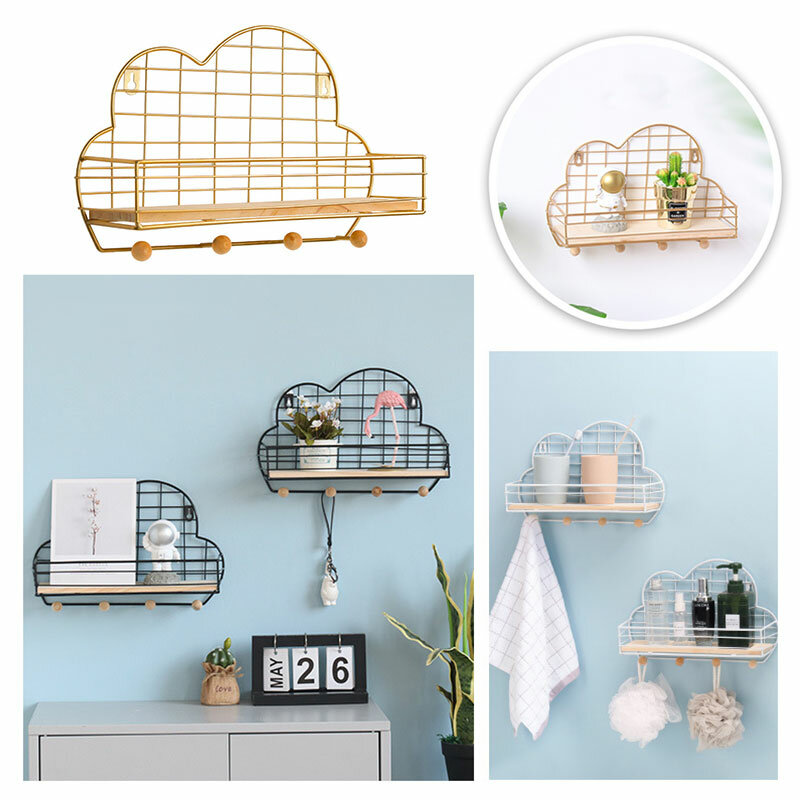 Wall Mounted Shelf Metal Wire Rack Storage Unit With Hooks Key Basket Hanger COD